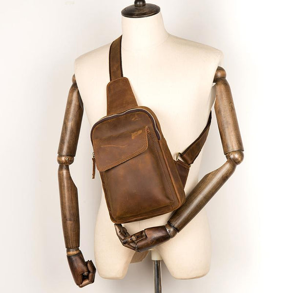Cool Dark Brown Leather Mens Sling Bag Crossbody Pack One Shoulder Pack Brown Chest Bag for men