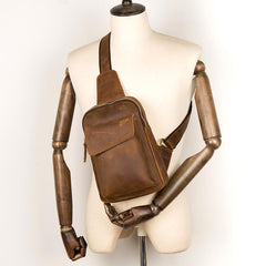Cool Dark Brown Leather Mens Sling Bag Crossbody Pack One Shoulder Pack Brown Chest Bag for men - imessengerbags
