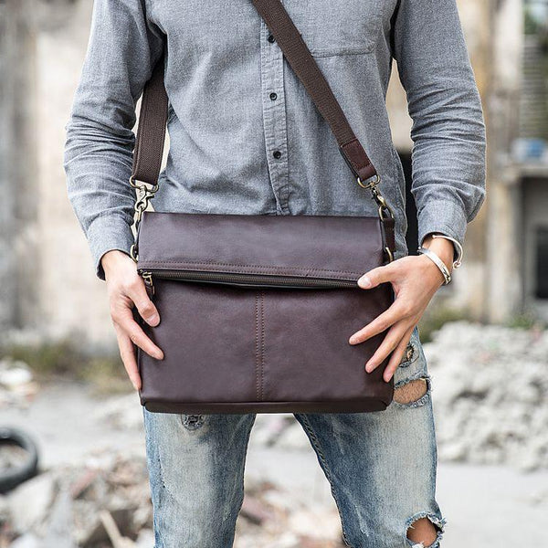 Brown Cool Leather Mens 11 inches Side Bags Messenger Bags Khaki Leather Courier Bag for Men