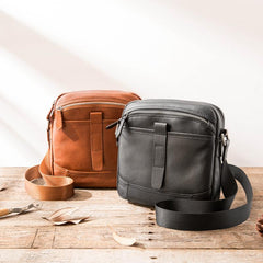 Black Cool Leather Mens Small Shoulder Bags Vertical Messenger Bags Square Phone Bag for Men