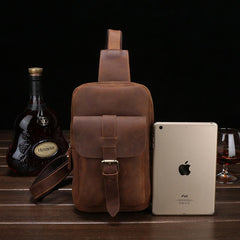 Brown Cool LEATHER MENS Sling Bags One Shoulder Backpack Dark Coffee Chest Bag For Men