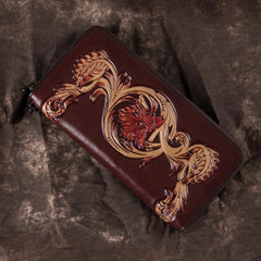 Black Tooled Leather Men's Bifold Long Zipper Wallet Clutch Bag Red For Women - imessengerbags