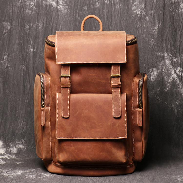 Brown Mens Leather 15 inches Large School Laptop Backpack Brown Travel Backpacks for Men