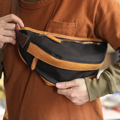 Cool Canvas Leather Mens Chest Bag Green Waist Bag Fanny Pack Hip Bag Bum Pack For Men