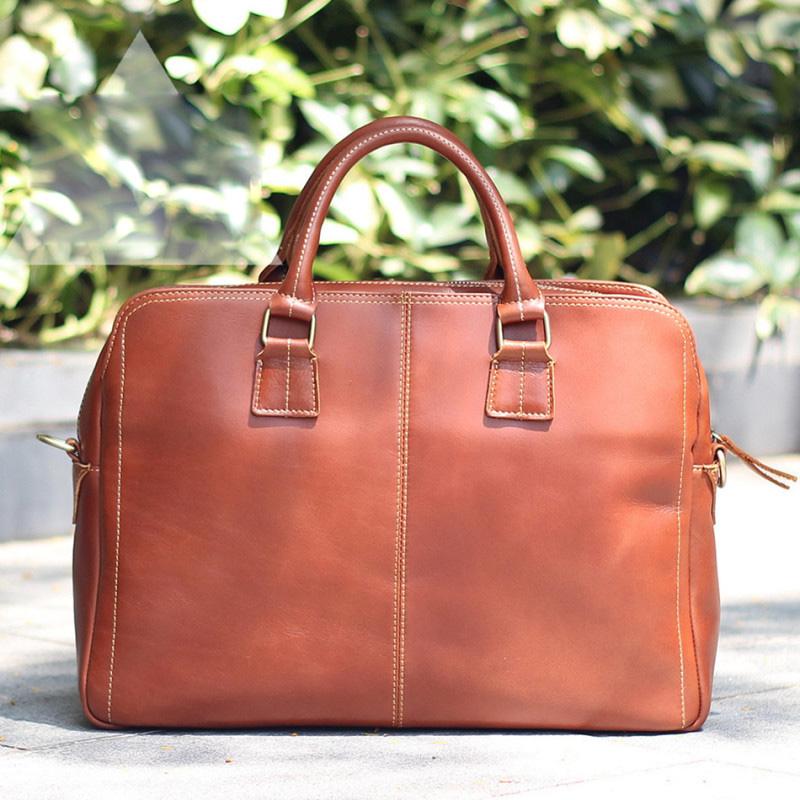 Vintage Brown Mens Leather Briefcase Work Handbag Dark Coffee 14'' Computer Briefcase For Men