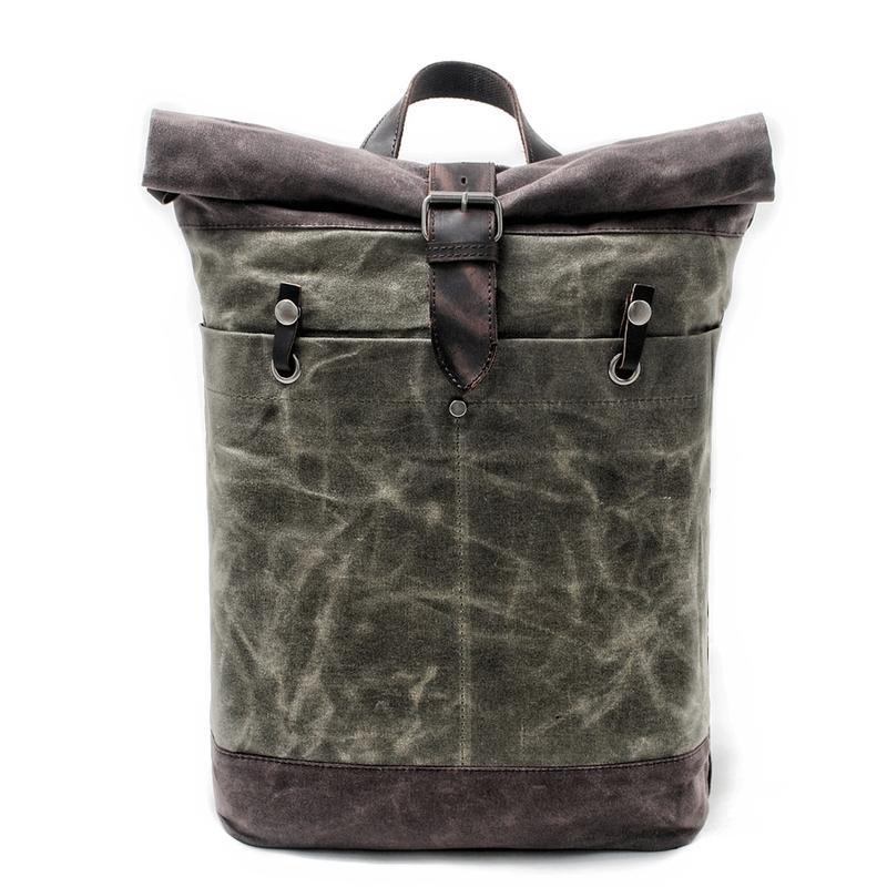 Waxed Canvas Leather Mens College Waterproof 15'' Computer Backpack Travel Backpack Hiking Bag for Men - imessengerbags
