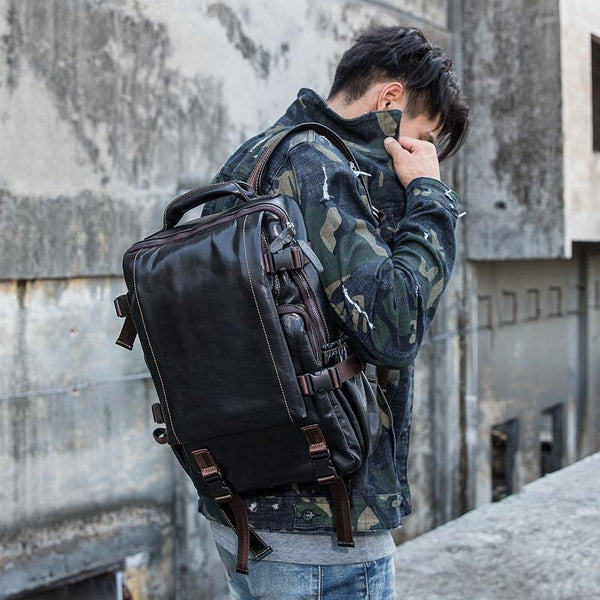 Cool Black Leather Mens 13-inch Computer Backpacks Business Black Travel Backpacks College Backpack for men - imessengerbags