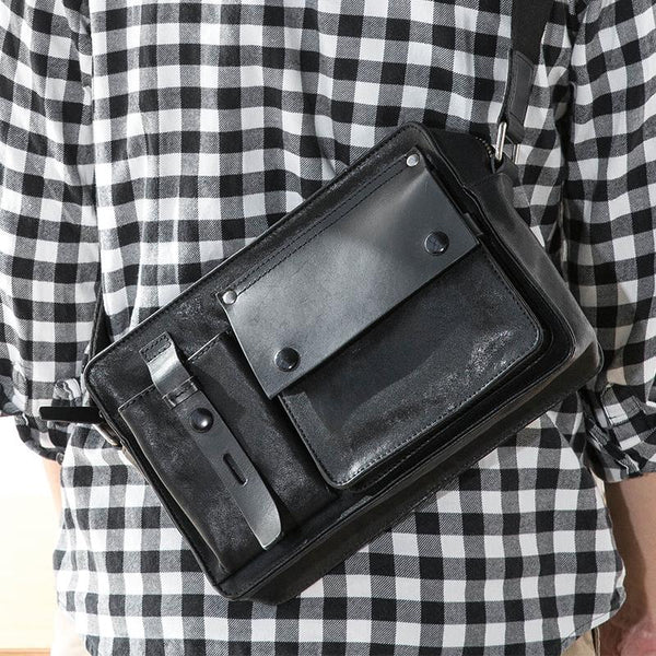 Black Cool Leather Mens 10inches Courier Bag Postman Bag Black Messenger Bags Side Bag for Men - imessengerbags