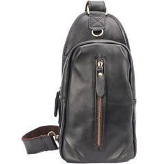 Black Cool Leather Mens Sling Bag Chest Bag Black One Shoulder Backpack For Men - imessengerbags