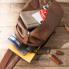 Handmade Brown Leather Mens Sling Bag Sling Pack Chest Bag Black One Shoulder Backpack for Men - imessengerbags