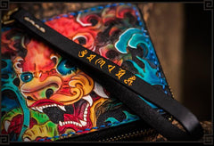 Handmade Leather Chinese Lion Tooled Mens billfold Wallet Cool Chain Wallet Biker Wallet for Men - imessengerbags