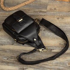 Black Leather Mens Cool Sling Bag Sling Pack Black Crossbody Packs Chest Bags for men - imessengerbags