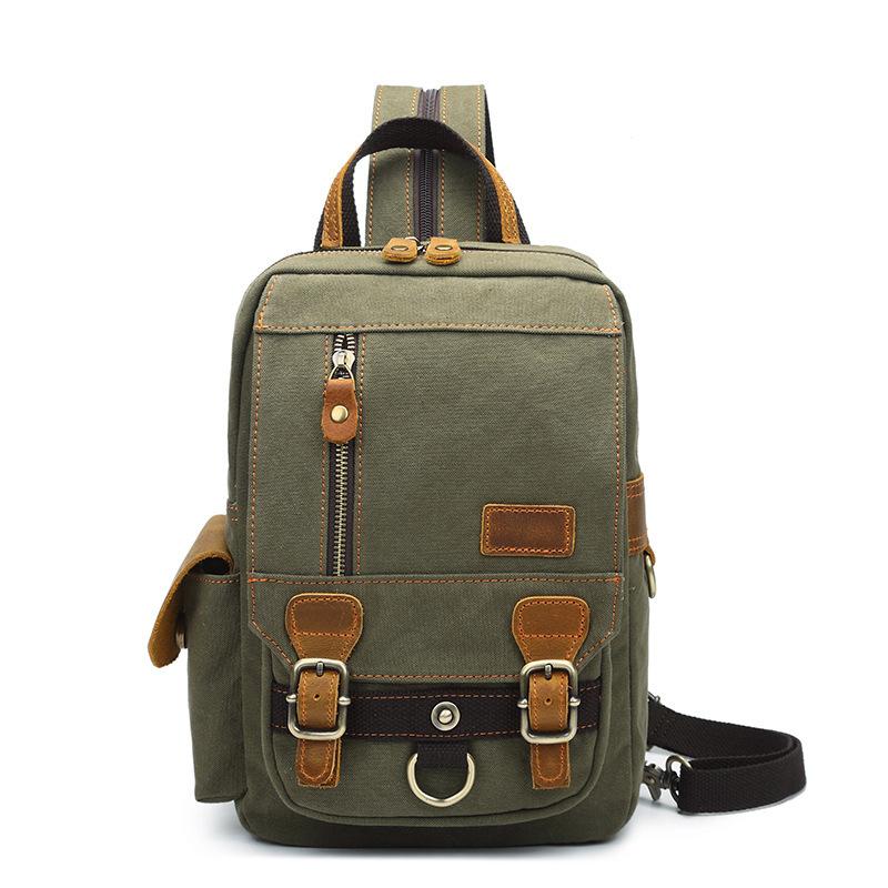 Canvas Leather Mens Mini Sling Bag Khaki Backpack One Shoulder Bag Green Chest Bag for Men - imessengerbags