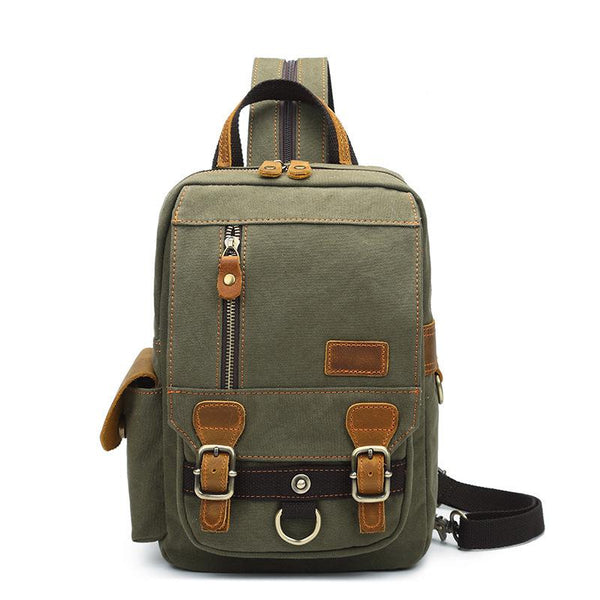 Canvas Leather Mens Mini Sling Bag Khaki Backpack One Shoulder Bag Green Chest Bag for Men - imessengerbags