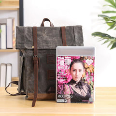 Waxed Canvas Leather Mens 16‘’ Army Green Backpack Travel Backpack Gray Hiking Backpack for Men - imessengerbags