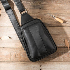 Casual Black Leather Mens Sling Bag Black Sling Pack One Shoulder Backpack for Men