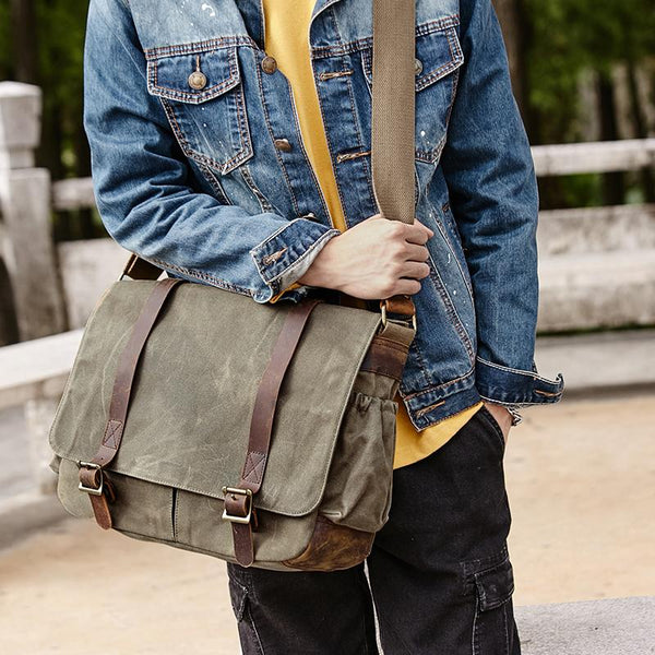 Canvas Leather Mens Waterproof 14'' Green CANON CAMERA Khaki Messenger Bag NIKON CAMERA Side BAG Gray DSLR CAMERA BAG