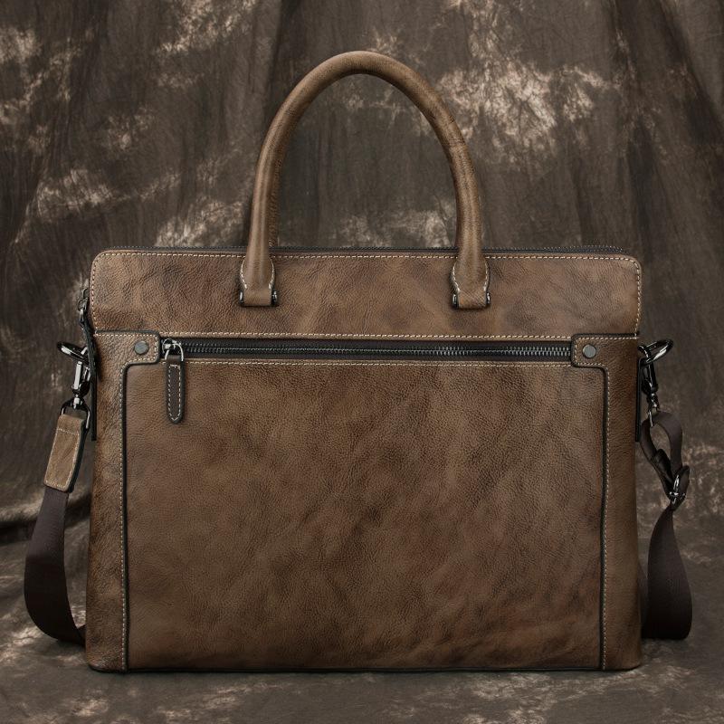 Brown Leather Men 14 inches Vintage Briefcase Handbag Blue Laptop Handbag Messenger Bag For Men