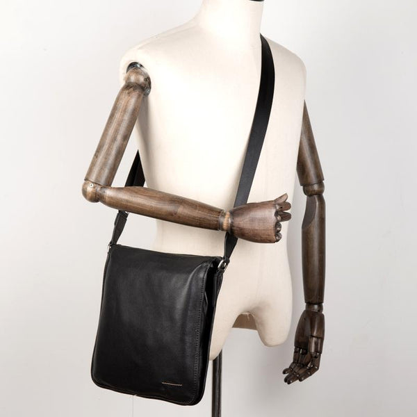 Black Leather 10 inches Mens Small Vertical Messenger Bags Postman Bags Courier Bag for Men - imessengerbags