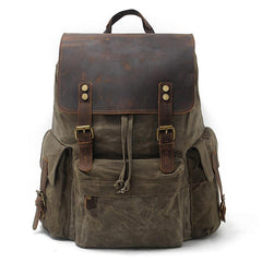Cool Canvas Leather Mens Waterproof 14'' Computer Backpack Large Hiking Backpack Travel Backpack for Men - imessengerbags