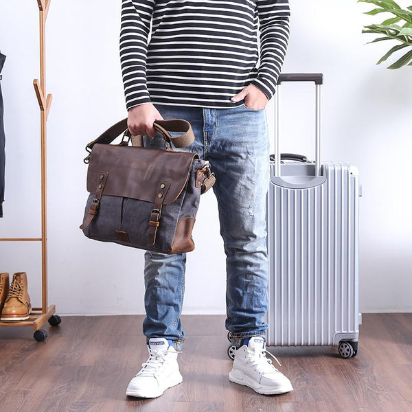 Casual Canvas Leather Mens Khaki Handbag 14'' Side Bag Gray Messenger Bag For Men - imessengerbags