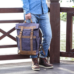 Waxed Canvas Leather Mens 15‘’ Gray College Backpack Travel Backpack Hiking Backpack for Men - imessengerbags
