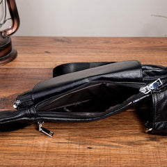 Cool Black Leather Mens Sling Bag Chest Bag One-Shoulder Backpack For Men - imessengerbags