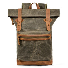 Waxed Canvas Leather Mens 15'' Hiking Green Backpack Black Computer Backpack Travel Backpack for Men - imessengerbags