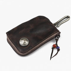 Vintage Brown Leather Men's Car Key Wallet Black Zipper Key Wallet For Men - imessengerbags
