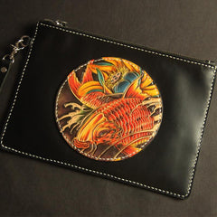Cool Handmade Tooled Leather Carp Clutch Wallet Wristlet Bags Clutch Purse For Men - imessengerbags