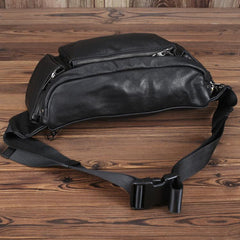 Black Leather Fanny Pack Men's Black Chest Bag Hip Bag Large Capacity Waist Bag For Men