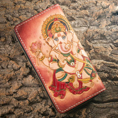 Handmade Leather Mens Clutch Wallet Tooled Cool Ganesha Wallet Long Zipper Wallets for Men