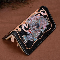 Handmade Leather Mens Clutch Wallet Cool Pixiu Tooled Wallet Long Zipper Wallets for Men - imessengerbags