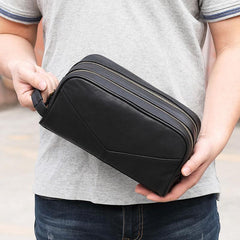 Casual Black Leather Men's Wristlet Bag Double Zipper Clutch Bag For Men - imessengerbags
