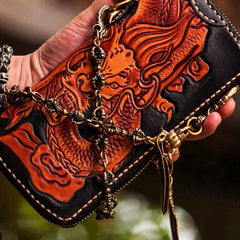 Handmade Leather Tooled Chinese Dragon Mens Chain Biker Wallet Cool Leather Wallet Zipper Long Phone Wallets for Men - imessengerbags