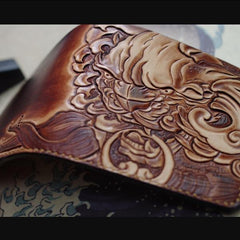 Handmade Leather Chinese Lion Tooled Mens billfold Wallet Cool Slim Wallet Biker Wallet for Men