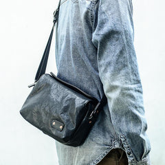 Casual Black Leather Mens 10 inches Side Bag Small Messenger Bag Black Postman Bag For Men - imessengerbags