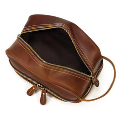 Brown Leather Men's Clutch Bag Double Zipped Wristlet Handbag Storage Bag For Men