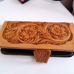 Handmade Leather Tooled Floral Mens Long Wallet Cool Long Wallet for Men - imessengerbags