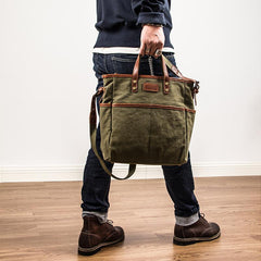Canvas Leather Mens Side Bag Army Green 12'' Tote Postman Bag Messenger Bag for Men