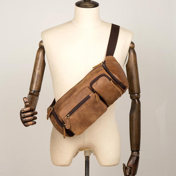 Cool Brown Leather Mens Large Fanny Pack Barrel Waist Bag Chest Bag Hip Pack Bum Pack for men