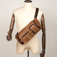 Cool Brown Leather Mens Large Fanny Pack Barrel Waist Bag Chest Bag Hip Pack Bum Pack for men - imessengerbags