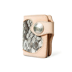 Beige Handmade Leather Mens Snakeskin billfold Biker Wallet Bifold SMall Wallet For Men - imessengerbags