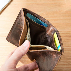 Dark Brown Leather Mens Small Wallets Bifold Vintage billfold Wallet Front Pocket Wallet for Men - imessengerbags