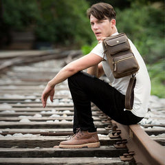Cool Brown Leather Mens Sling Pack Sling Bags Coffee Crossbody Pack Chest Bag for men - imessengerbags