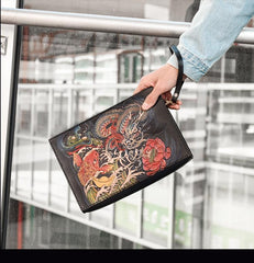 Handmade Black Tooled Dragon Carp Leather Clutch Wristlet Bag Messenger Bag Side Bag For Men - imessengerbags
