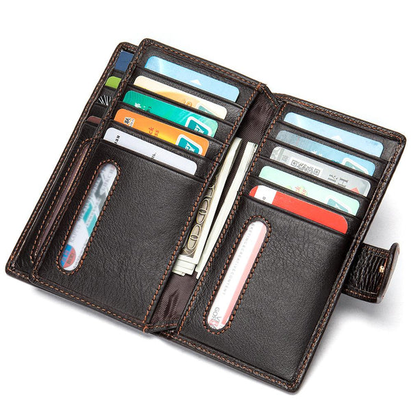 Black Leather Men's Wallet Trifold Long Wallet Multi Cards Long Wallet For Men - imessengerbags