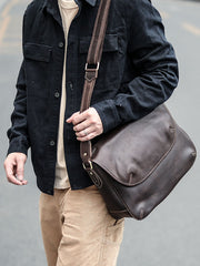 Black Leather Mens Casual 10'' Courier Bags Messenger Bags Dark Coffee Gray Postman Bag For Men - imessengerbags
