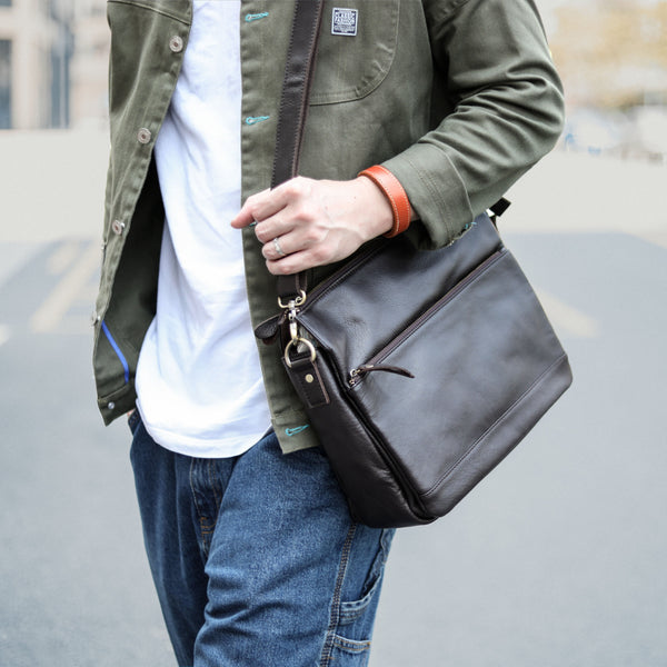 Casual Black Leather Mens Courier Bags Messenger Bags Brown Postman Bags For Men - imessengerbags