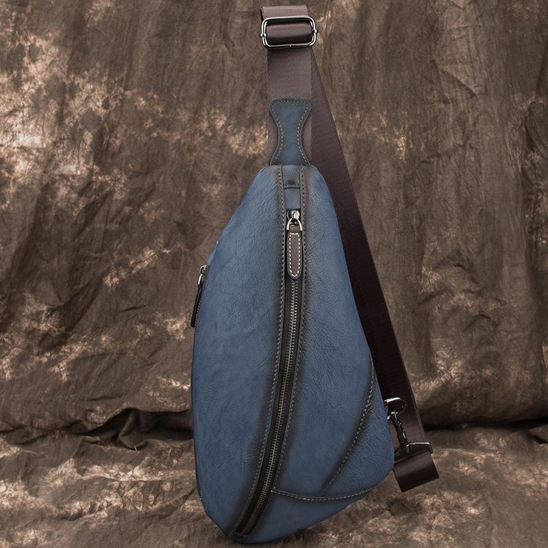 Brown Cool LEATHER MENS Retro Tan Sling Bag One Shoulder Backpack Blue Chest Bags For Men - imessengerbags